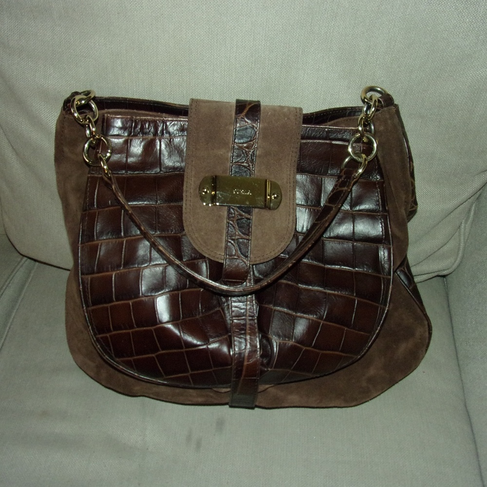 Furla Suede and Leather Embossed Shoulder Handbag